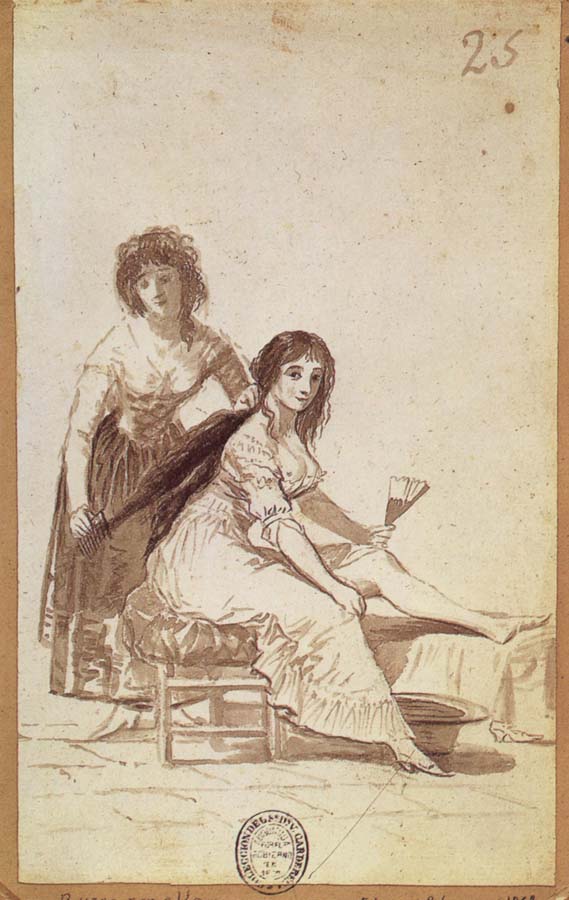Maid combing a  Young Woman-s Hair
